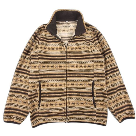 NEW Uniqlo Fleece Full Zip Jacket Teddy Sweater Brown Fair Isle Gorpcore Large - Picture 1 of 6